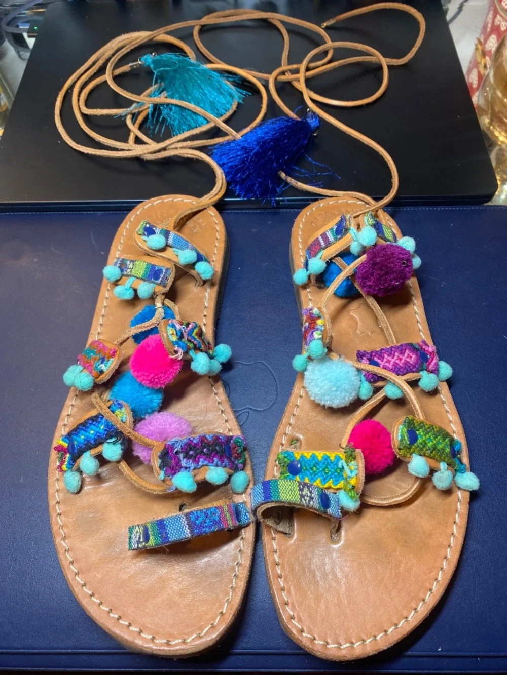 Greek Artisan Leather Gladiator Lace Up Boho Festival Pom Pom Sandals Size US 8